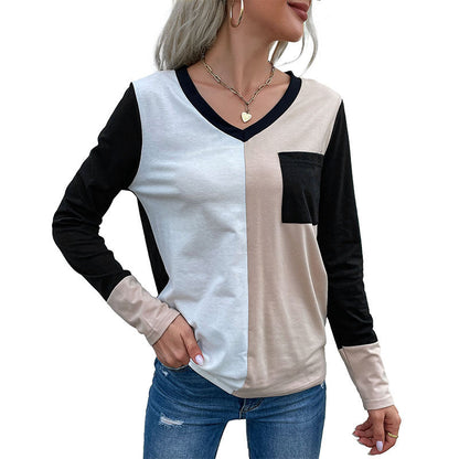 Damen Langarm T-Shirt Colorblock Muster Weiß