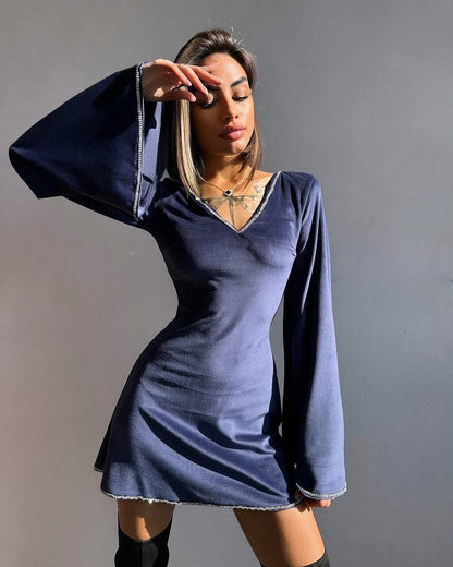 Damen Minikleid V-Ausschnitt Oversized Ärmel