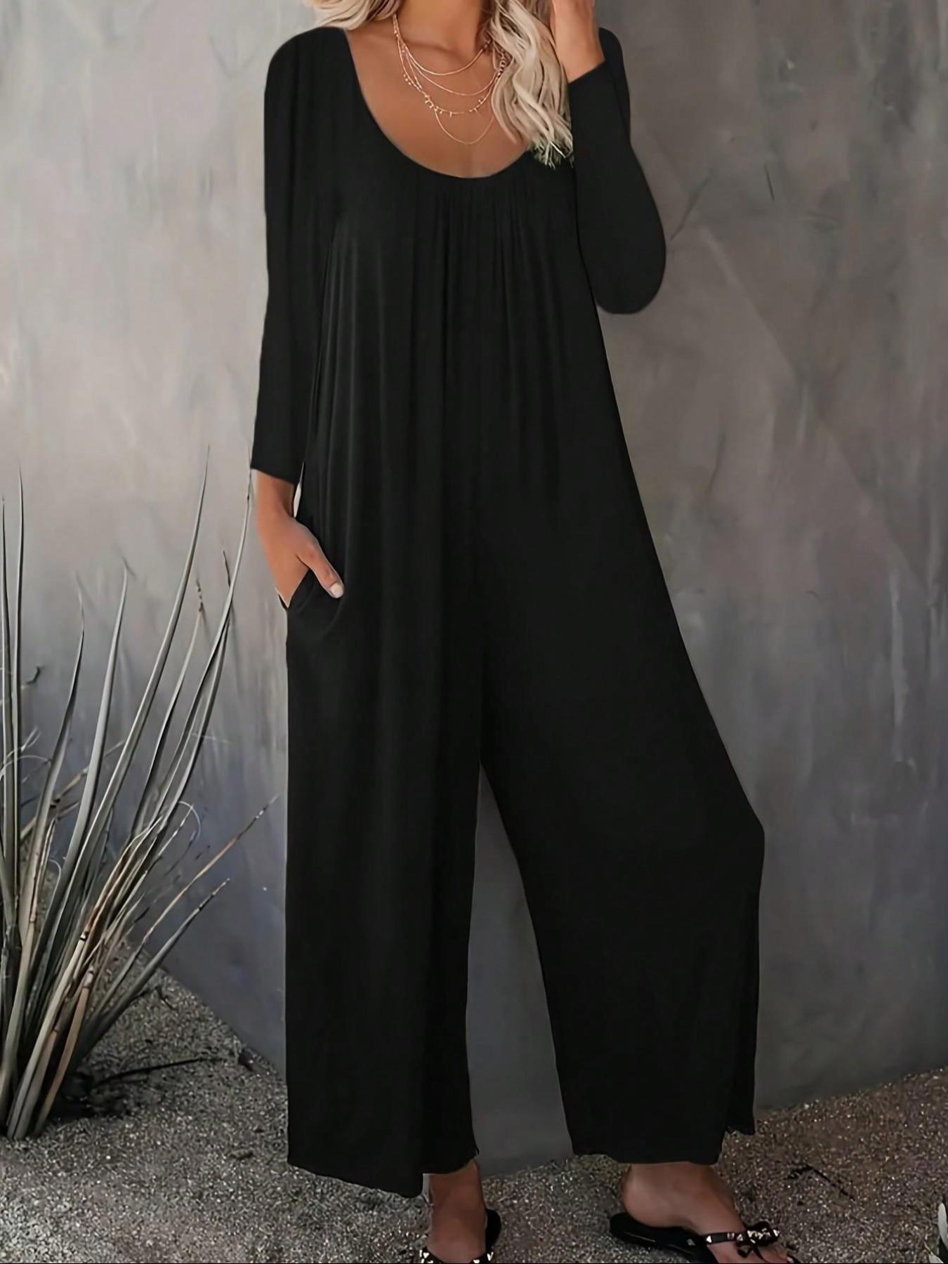 Damen Jumpsuit Weitgeschnitten Baumwolle Praktische Taschen