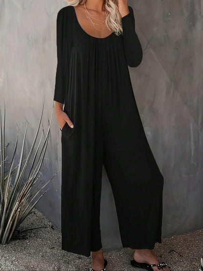 Damen Jumpsuit Weitgeschnitten Baumwolle Praktische Taschen