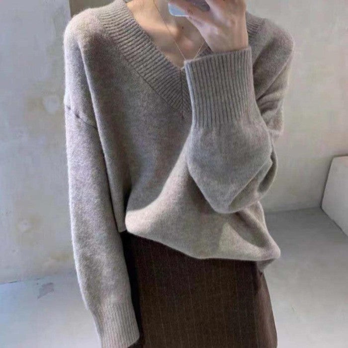 Damen Pullover Grobgestrickt V-Ausschnitt Oversized Ärmel Beige