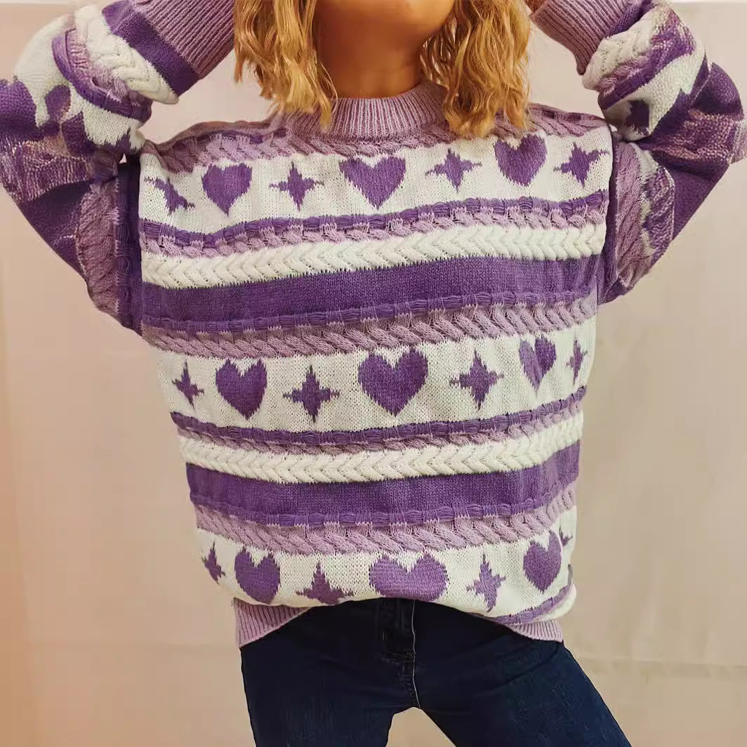 Damen Pullover Herzförmiges Muster Breite Streifen Grobgestrickt