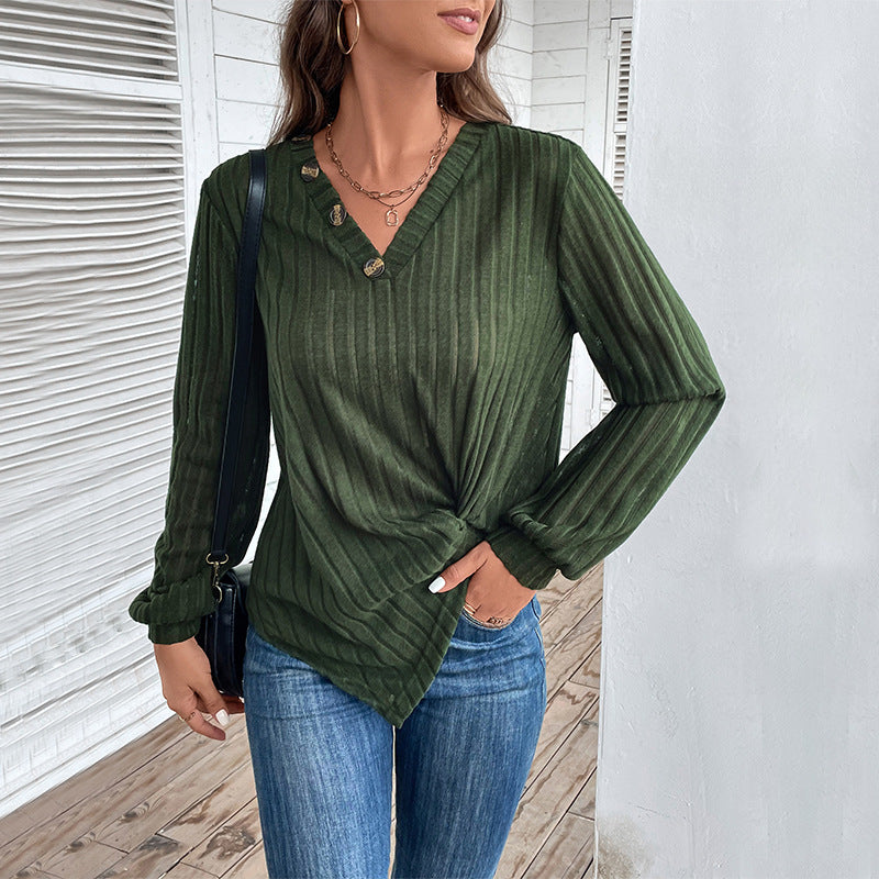 Damen Langarmshirt V-Ausschnitt Dekorative Knöpfe Eveloria