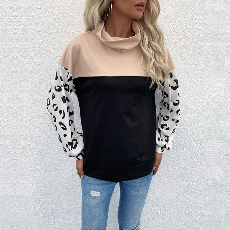 Damen Sweatpullover Animalprint Hoher Kragen Schwarz Eveloria - Eveloria