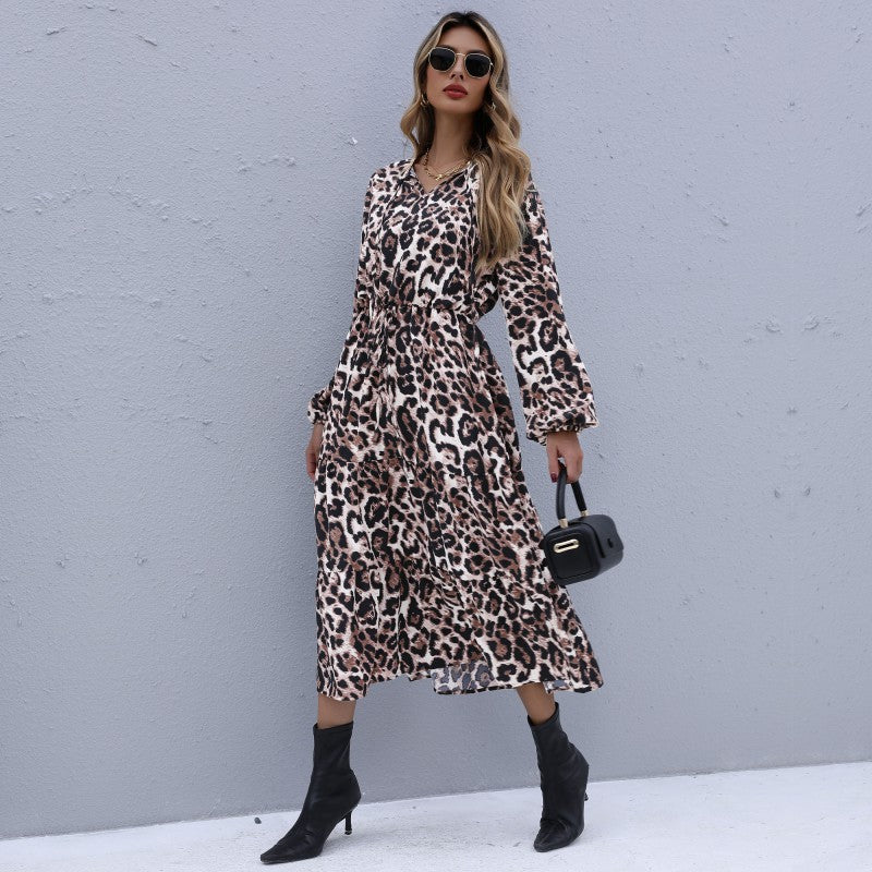 Damen Midi Wickelkleid Leoprint Rüschen Elegant