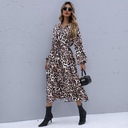 Damen Midi Wickelkleid Leoprint Rüschen Elegant