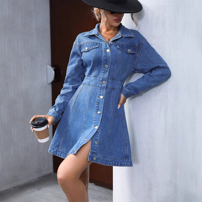 Damen Denim Hemdkleid A-Linie Blau mit Knöpfen