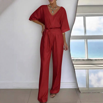 Damen Jumpsuit Tailliert Wickelgürtel Eveloria