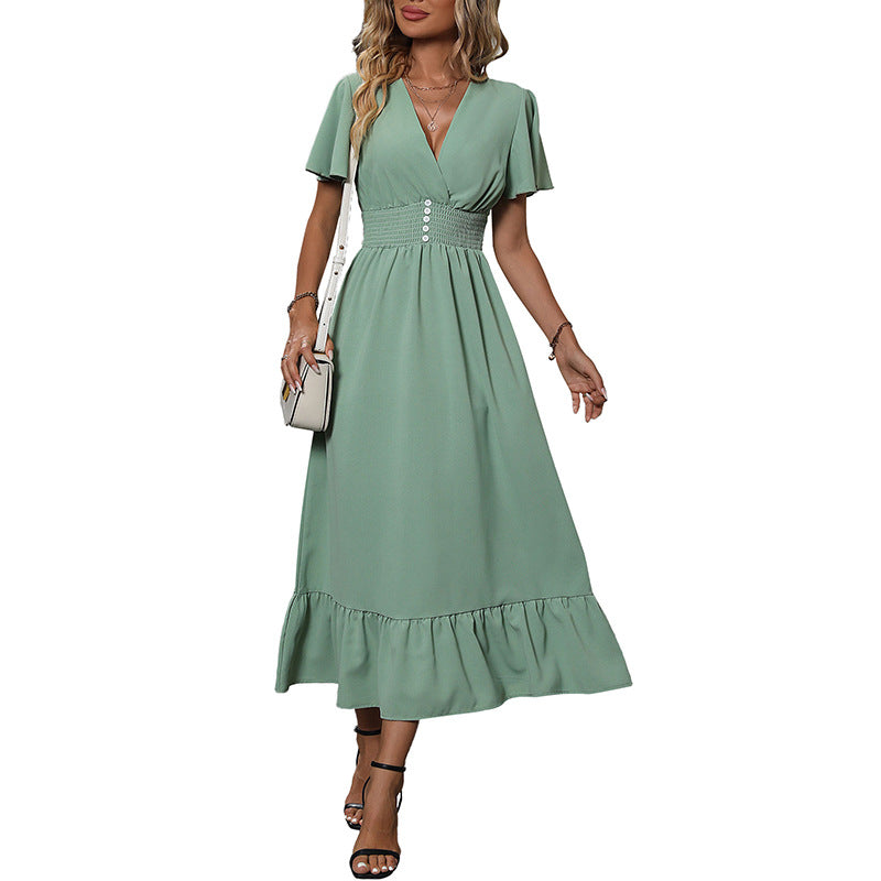 Damen Maxikleid Voluminöse Rüschen Taillierbarer Gürtel Eveloria