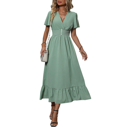 Damen Maxikleid Voluminöse Rüschen Taillierbarer Gürtel Eveloria