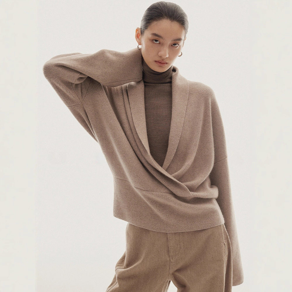 Damen Wickelpullover aus Wolle Weich Elegantes Design Beige