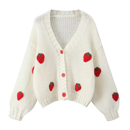 Damen Strickjacke Erdbeer-Motiv Eveloria