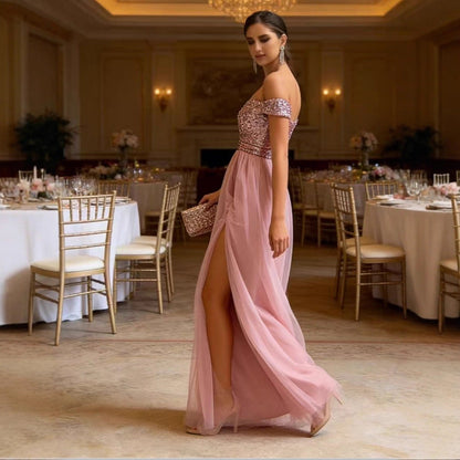 Damen Abendkleid Schulterfrei Glitzerapplikationen Eveloria