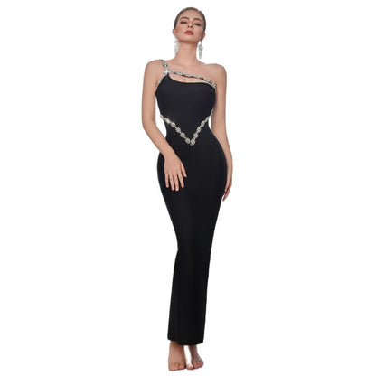 Damen Abendkleid Asymmetrischer Trägerschnitt Strass Eveloria