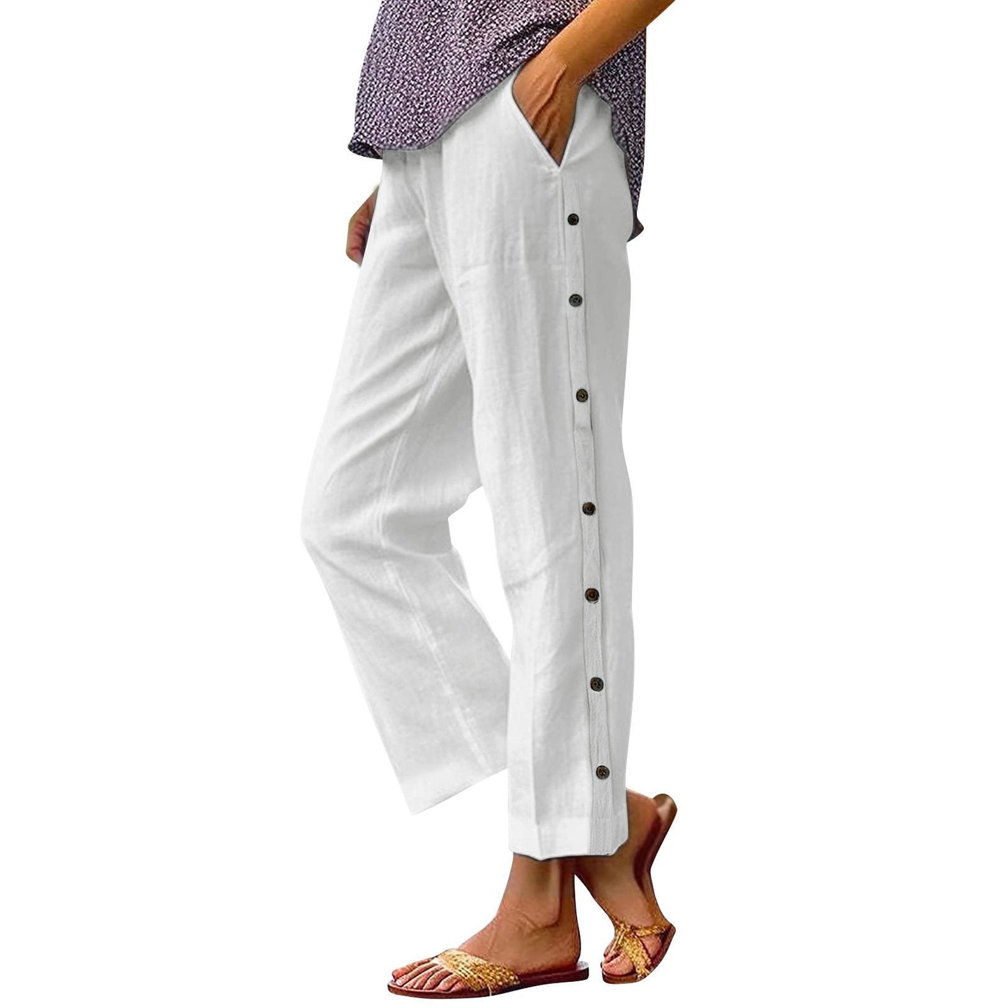 Damen Leinenhose Bequem Knöpfe Anthrazit
