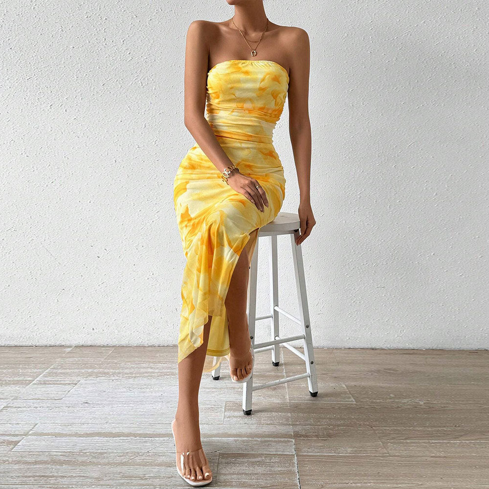 Damen Maxikleid mit Bandeau-Ausschnitt und hohem Schlitz Lang Eveloria