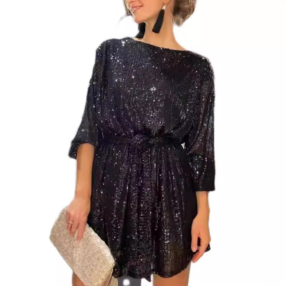 Damen Paillettenkleid Weit Elegant Tailliert Eveloria