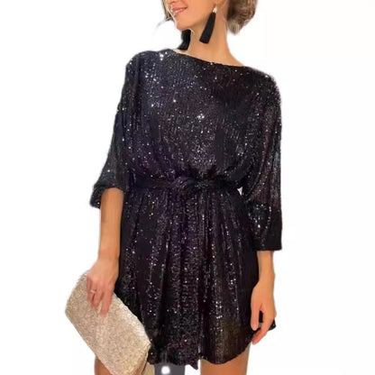 Damen Paillettenkleid Weit Elegant Tailliert Eveloria