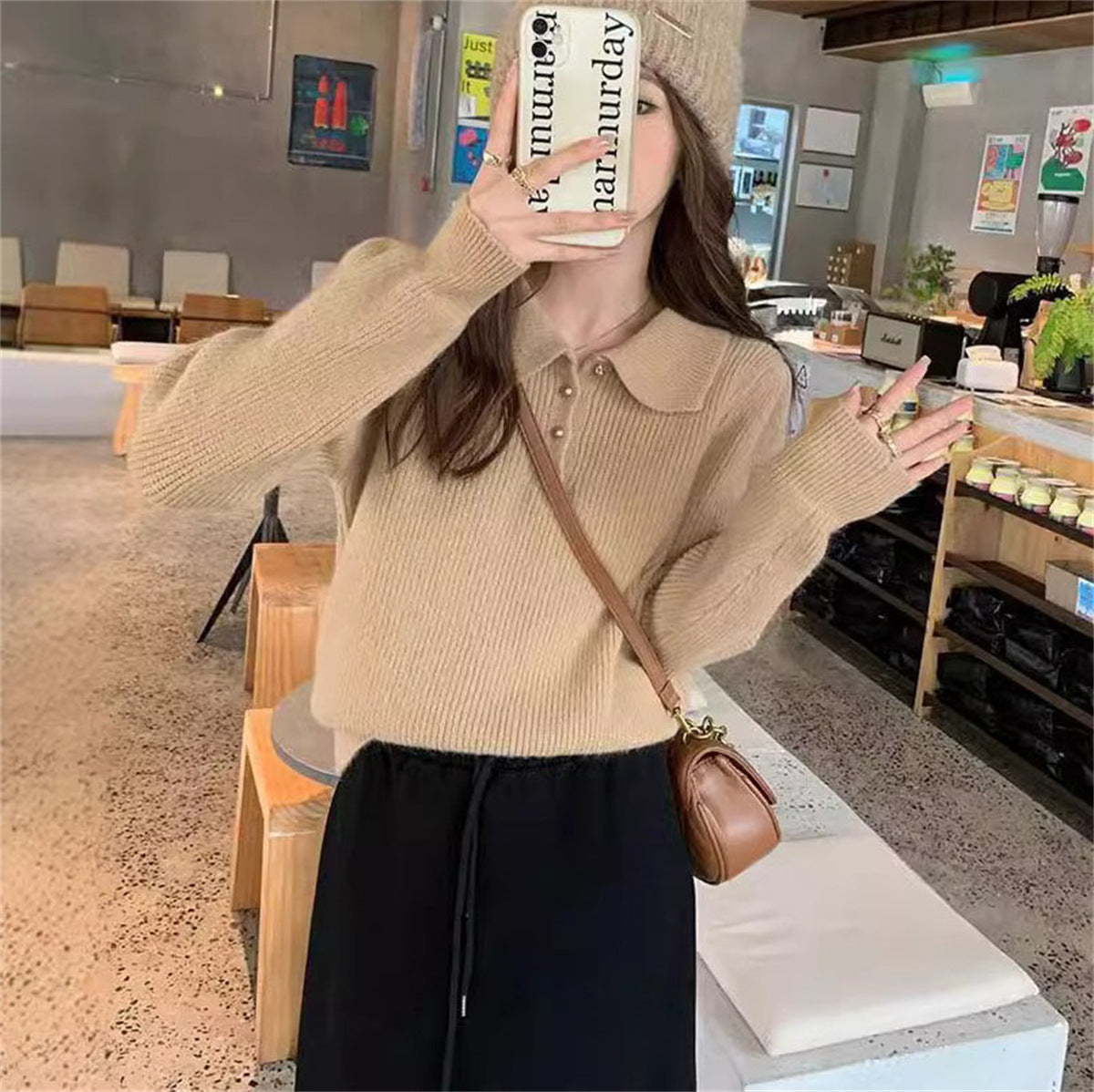 Damen Pullover mit Polokragen Weiches Strickmaterial Beige