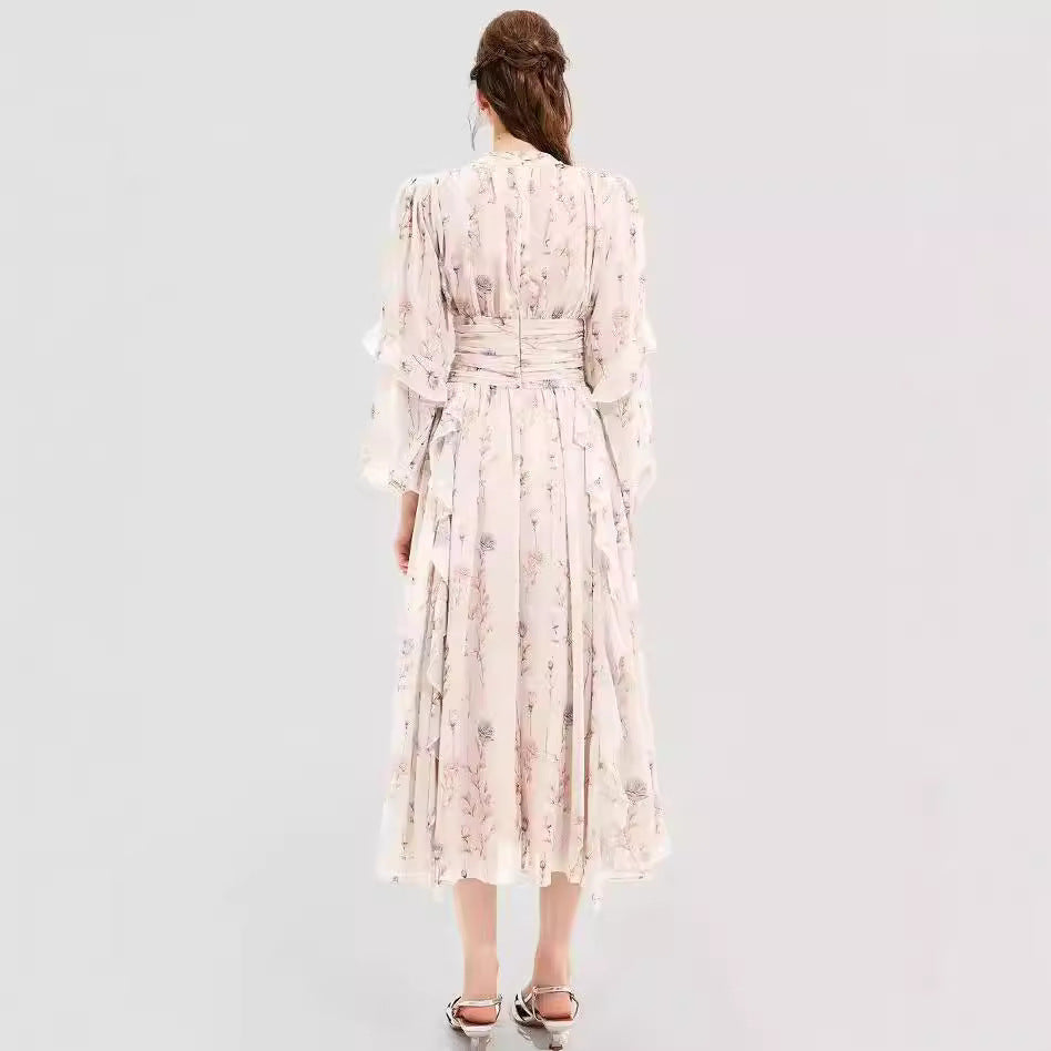 Damen Midi-Kleid Florale Stickerei Rüschensaum Eveloria