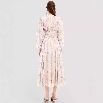Damen Midi-Kleid Florale Stickerei Rüschensaum Eveloria