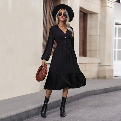 Damen Midi-Kleid V-Ausschnitt Rüschendetails Eveloria