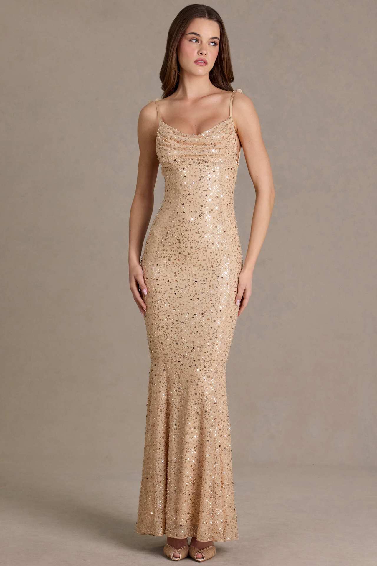Damen Maxi-Kleid Pailletten Wasserfallausschnitt Figurbetonter