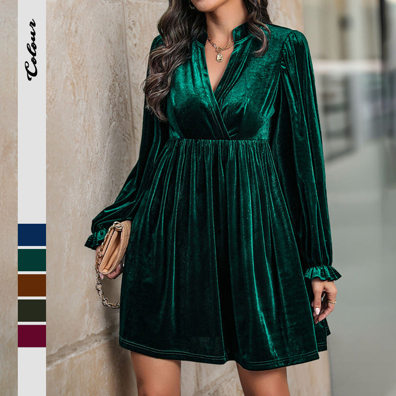 Damen Wickelkleid Samt Langarm Schwarz Eveloria - Eveloria