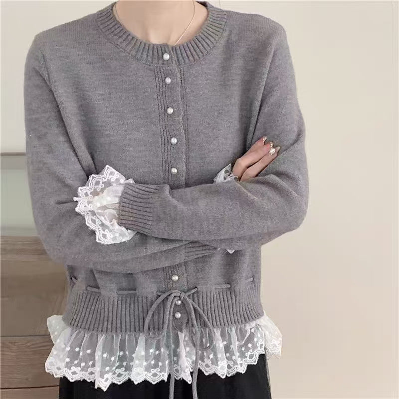 Damen Strickjacke Rüschendetails Perlenknöpfe Eveloria