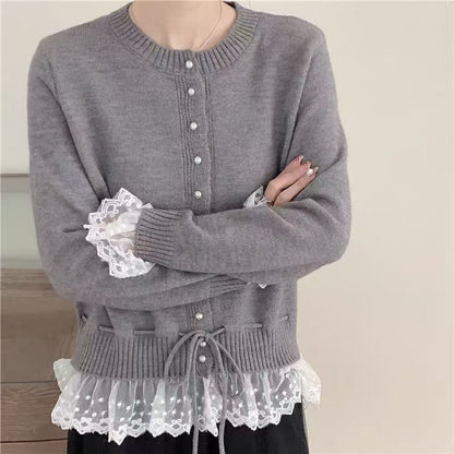 Damen Strickjacke Rüschendetails Perlenknöpfe Eveloria