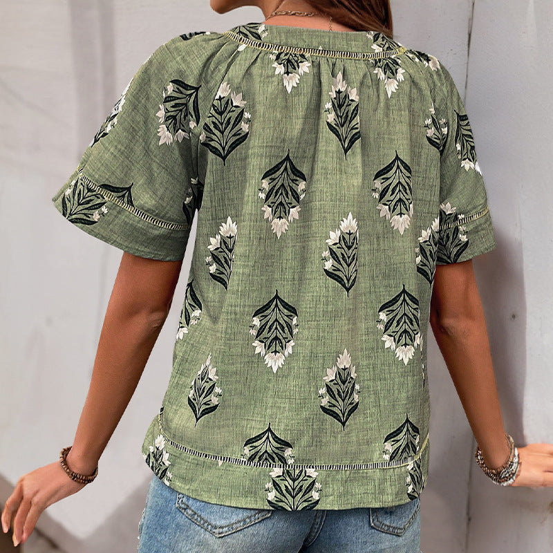 Damen Bluse Floralmuster V-Ausschnitt Eveloria