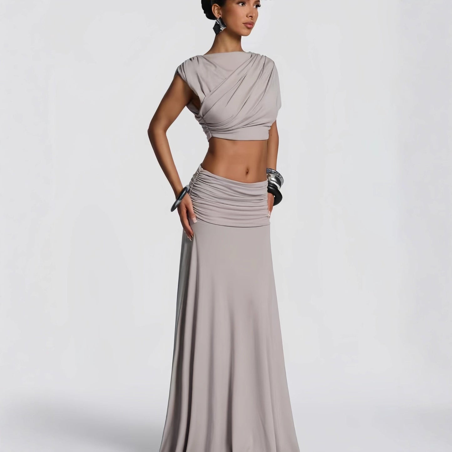 Damen Wickelkleid Drapiertes Oberteil Fließender Rock Eveloria