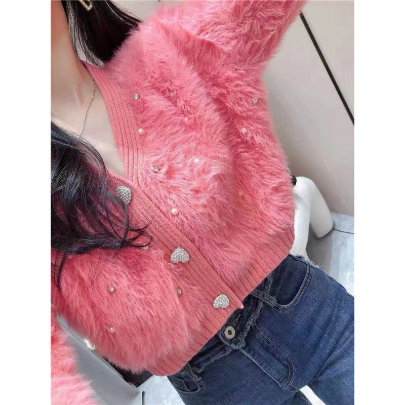 Damen Flauschige Strickjacke Funkelnde Details Moderner Schnitt
