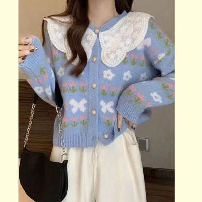 Damen Strickjacke Floralmuster Großkragen