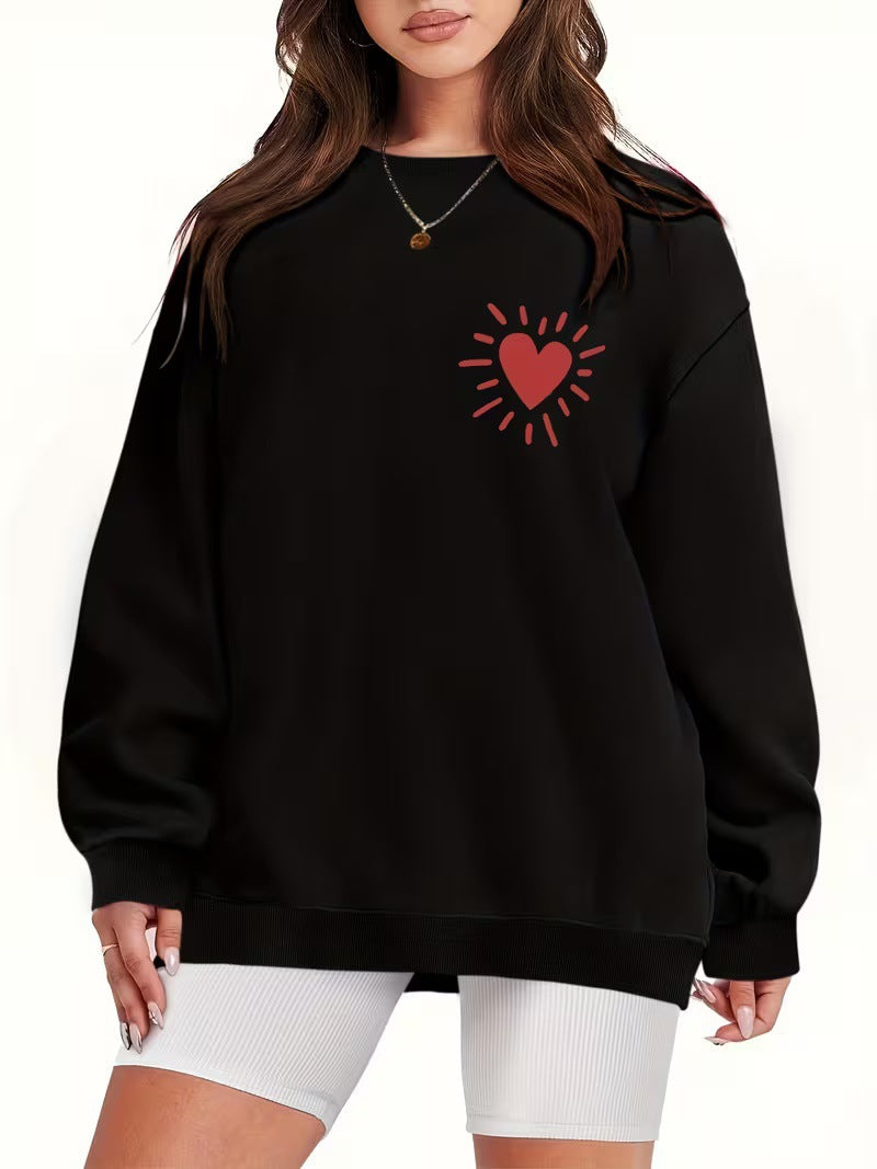 Damen Sweatshirt Lässig Übergroß Herzmotiv Grau