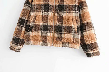 Damen Flanelljacke Karierter Stoff Kuschelig Beige