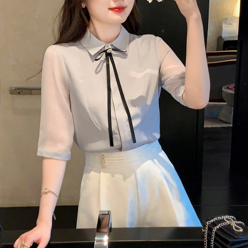 Damen Bluse Dekorativer Kragen Transparente Ärmel Eveloria