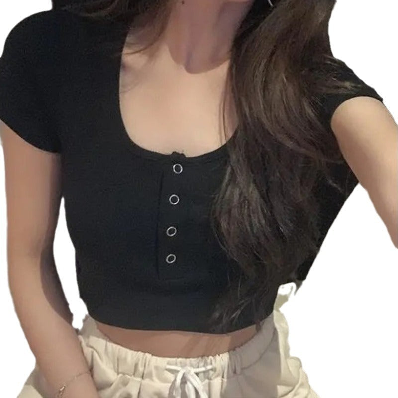 Damen Crop T-Shirt Elastisch mit Knopfleiste Weiß Eveloria