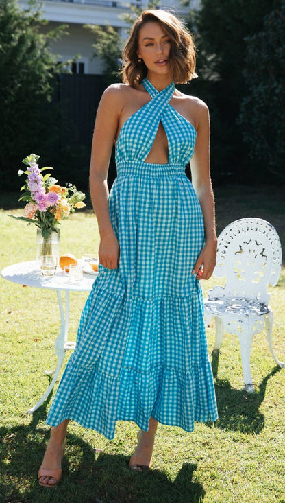 Damen Maxikleid Wickeloberteil Rüschen Saum Eveloria