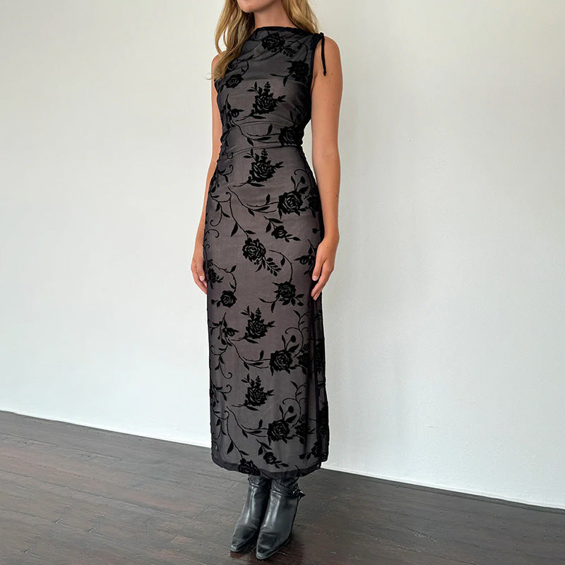 Damen Maxikleid Ärmellos Floralmuster Spitze