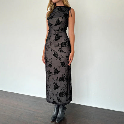 Damen Maxikleid Ärmellos Floralmuster Spitze