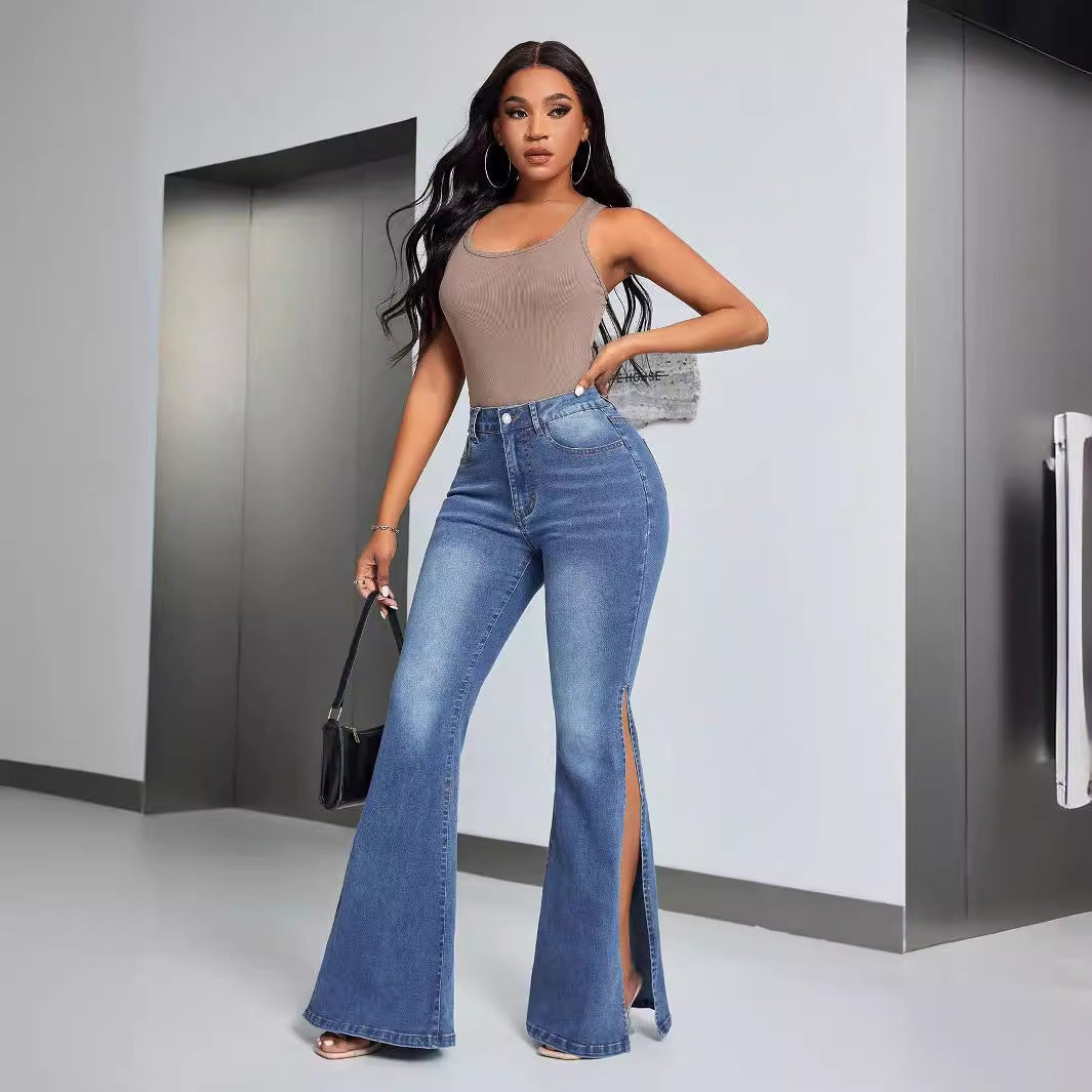 Damen High-Waist Flare Jeans mit Schlitzen Eveloria