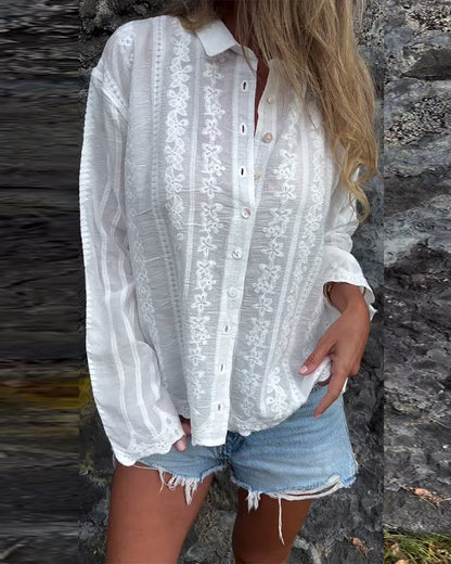Damen Bluse Florale Stickerei Strukturiert Eveloria