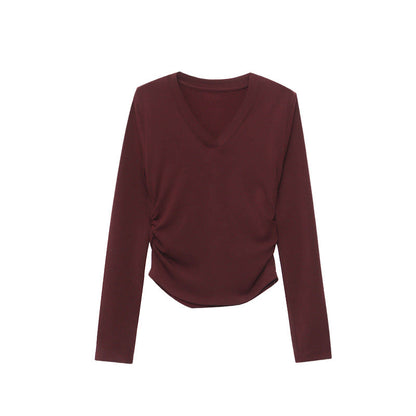 Damen Longsleeve-Oberteil V-Ausschnitt Raffung Eveloria