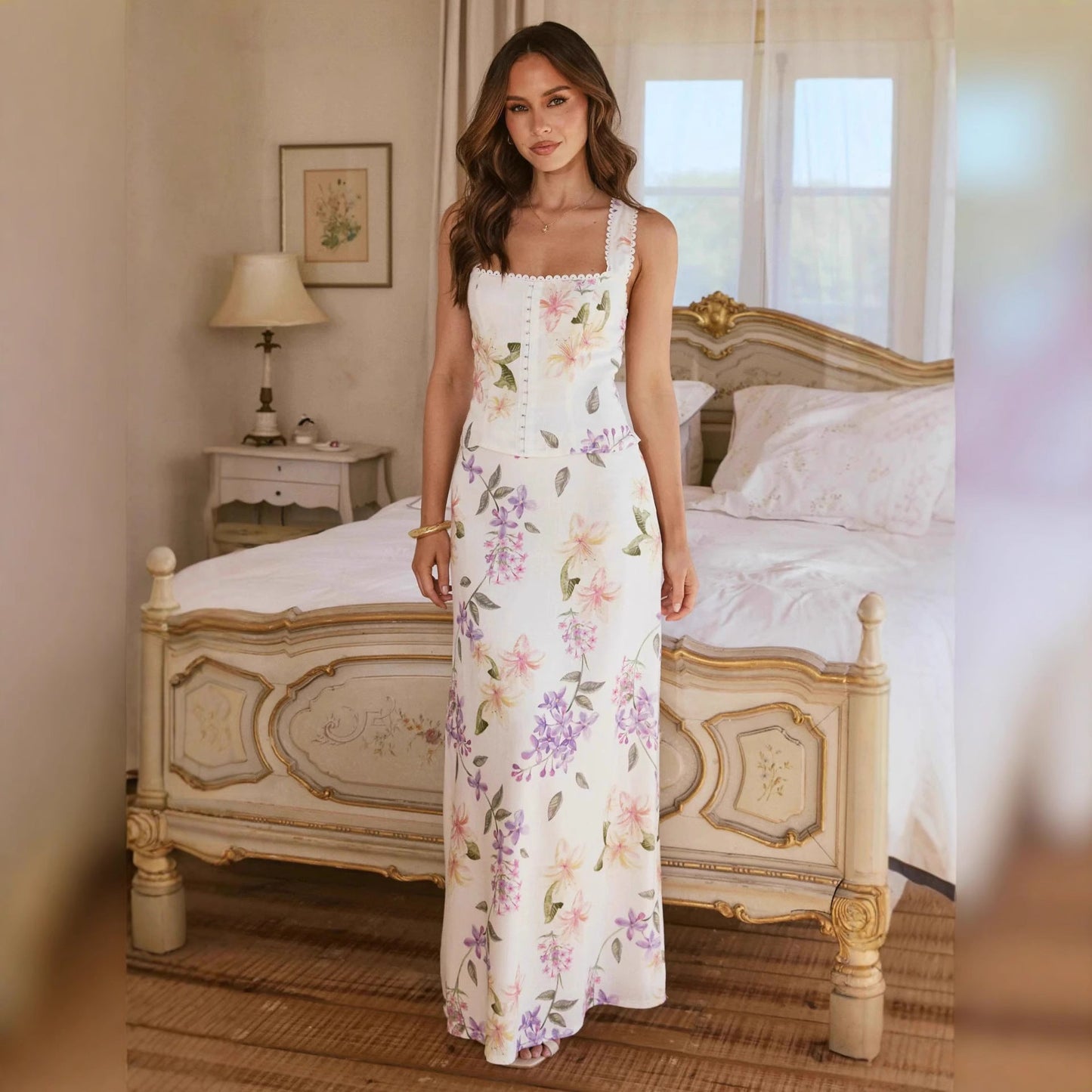 Damen Maxikleid Landhaus-Stil Floralmuster