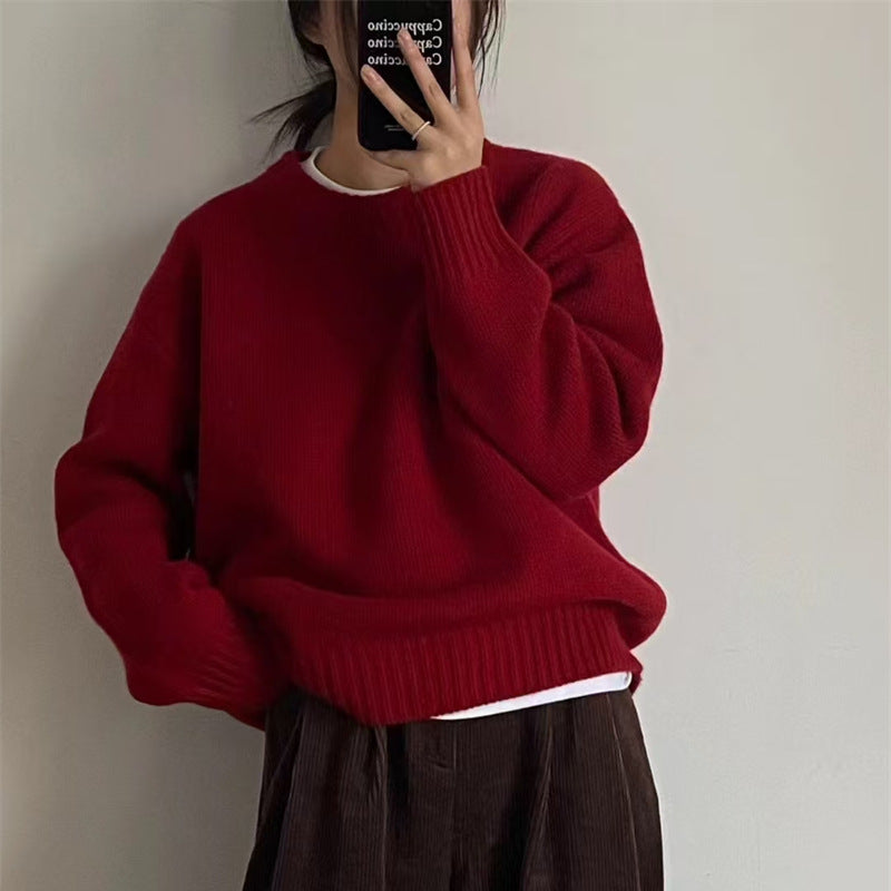 Damen Oversized Pullover Rundhalsausschnitt Kuschelstrick Beige