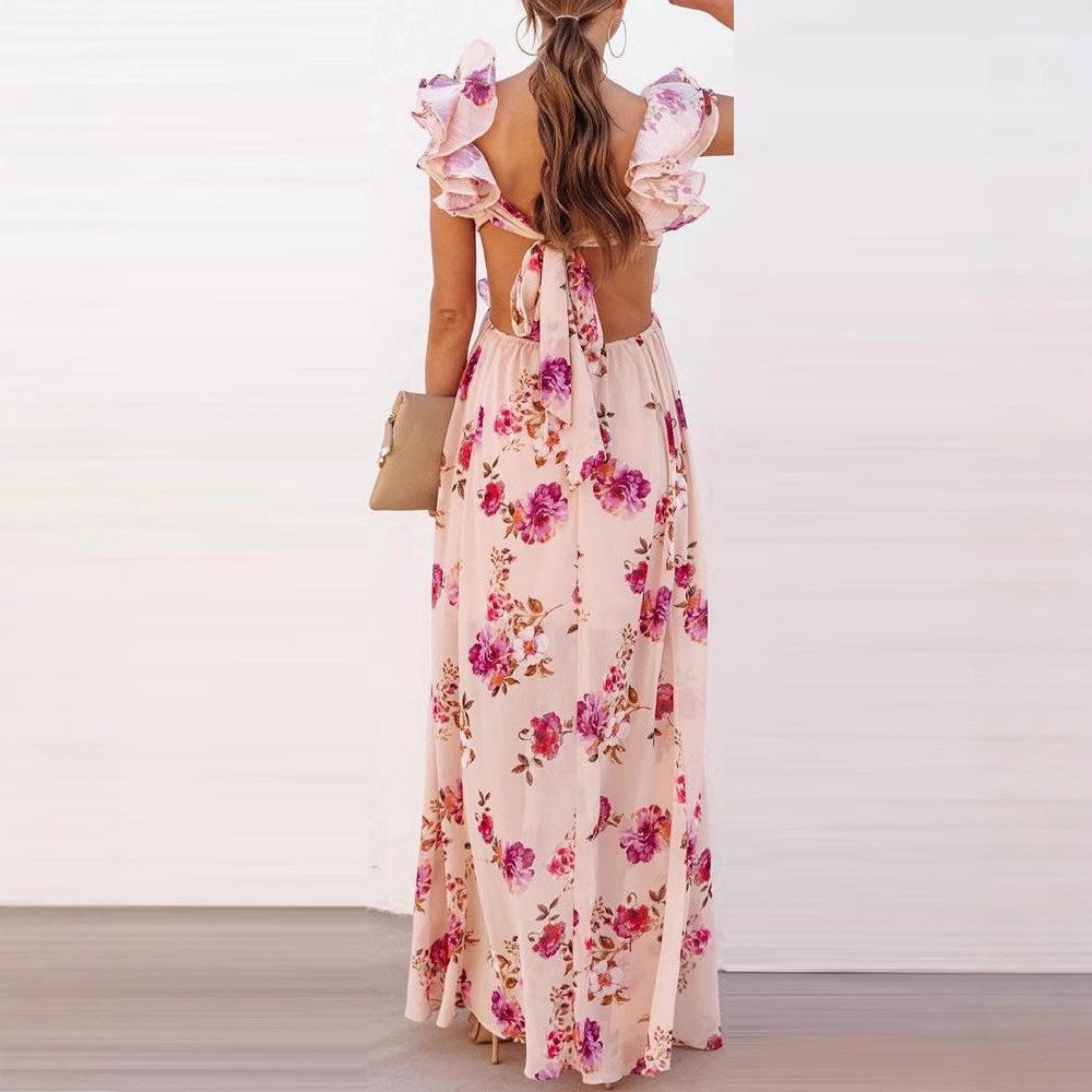 Damen Maxikleid Florale Rüschendetails V-Ausschnitt Eveloria