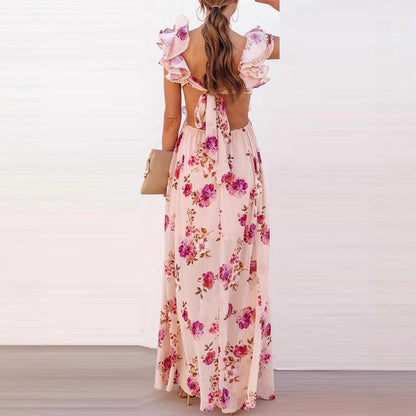 Damen Maxikleid Florale Rüschendetails V-Ausschnitt Eveloria
