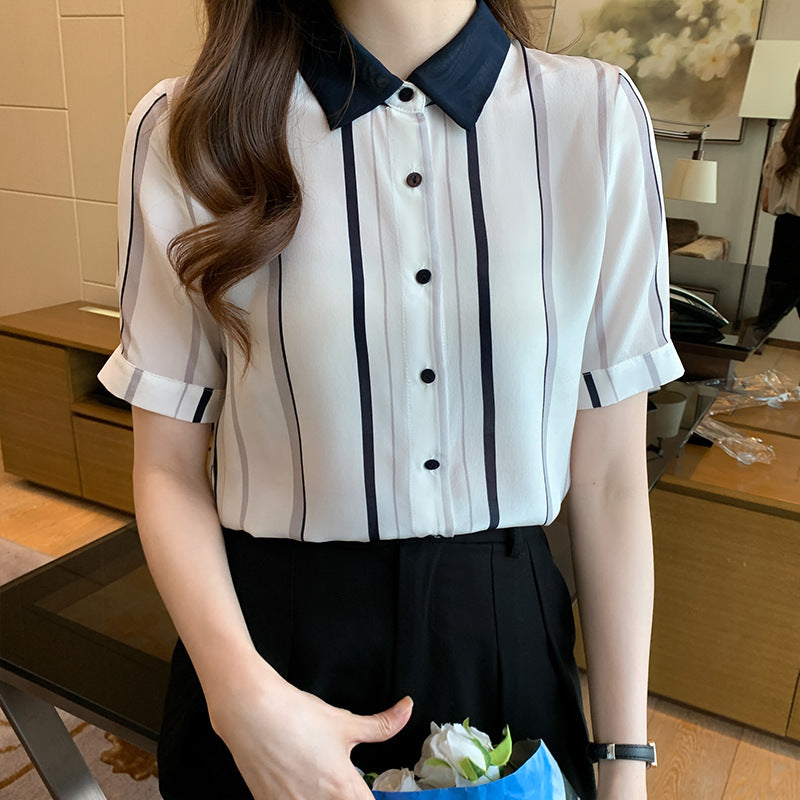 Damen Bluse Kurzarm Streifenmuster Eleganter Kragen Weiß