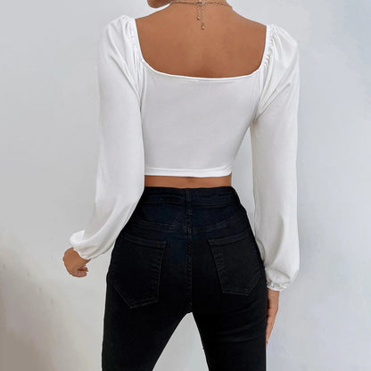 Damen Cropped Oberteil Puffärmel Figurbetonter Schnitt